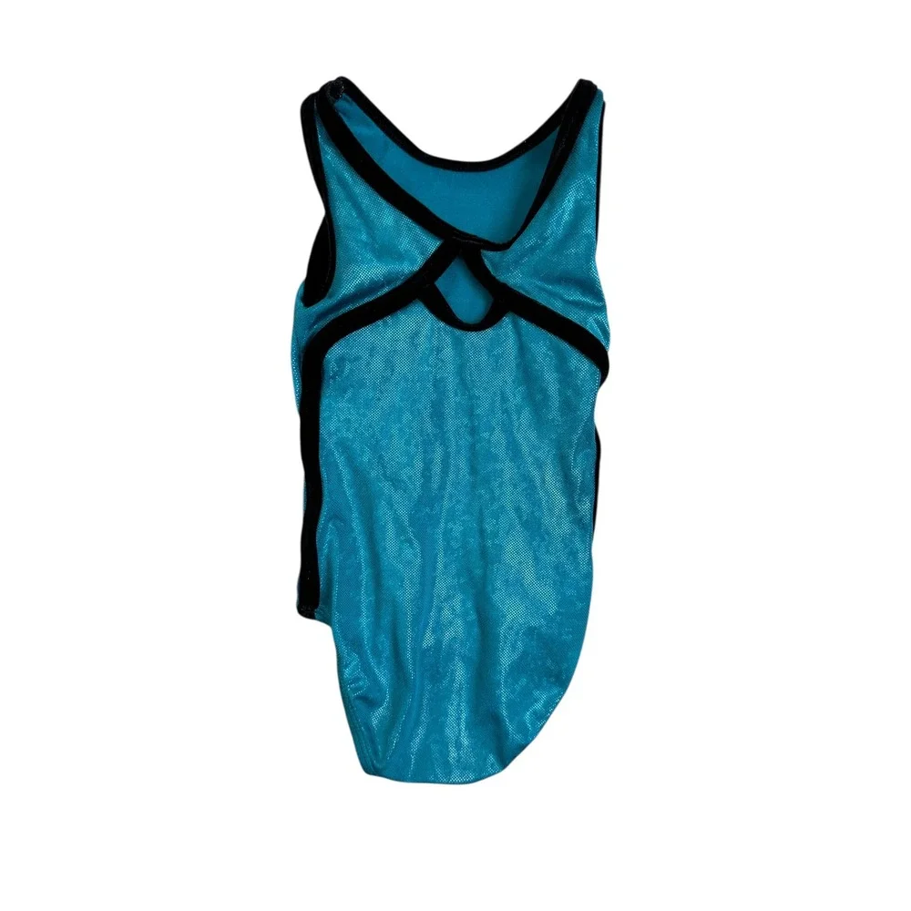 GK Elite Turquoise Shimmer Velvet Trim Gymnastics Sleeveless Leotard Girls Small